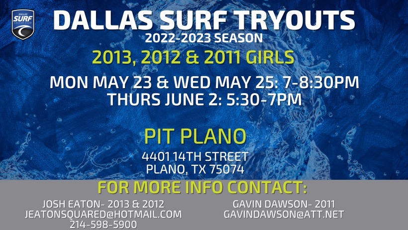 Dallas Surf is looking to add players to multiple teams we are holding open practices. If your considering a move come and give us a look.
