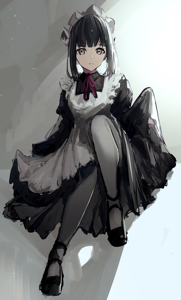 1girl solo black hair maid maid headdress pantyhose sitting  illustration images