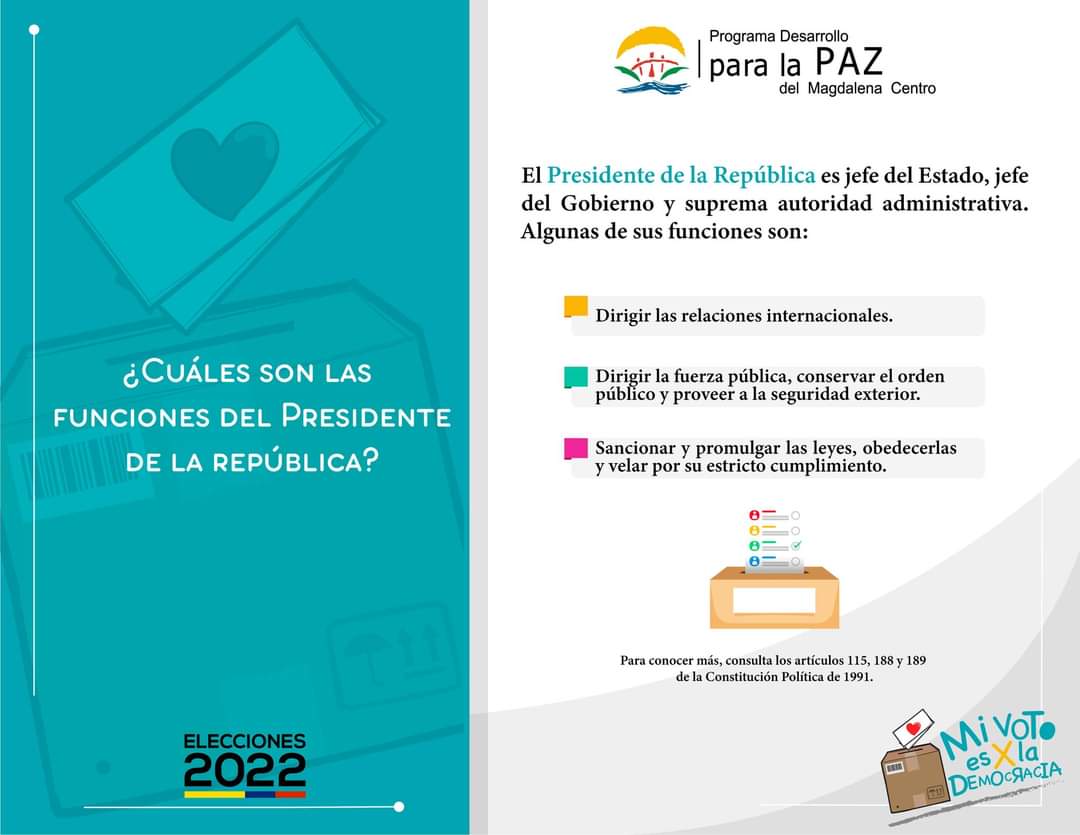 PDPMCentro's tweet photo. El próximo 29 de mayo de 2022 se llevarán a cabo las jornadas de votación para elegir el próximo Presidente de la República. Conoce algunas de sus funciones.
#Elecciones2022 #Colombia #PDPMC https://t.co/FNNfoUI3h8