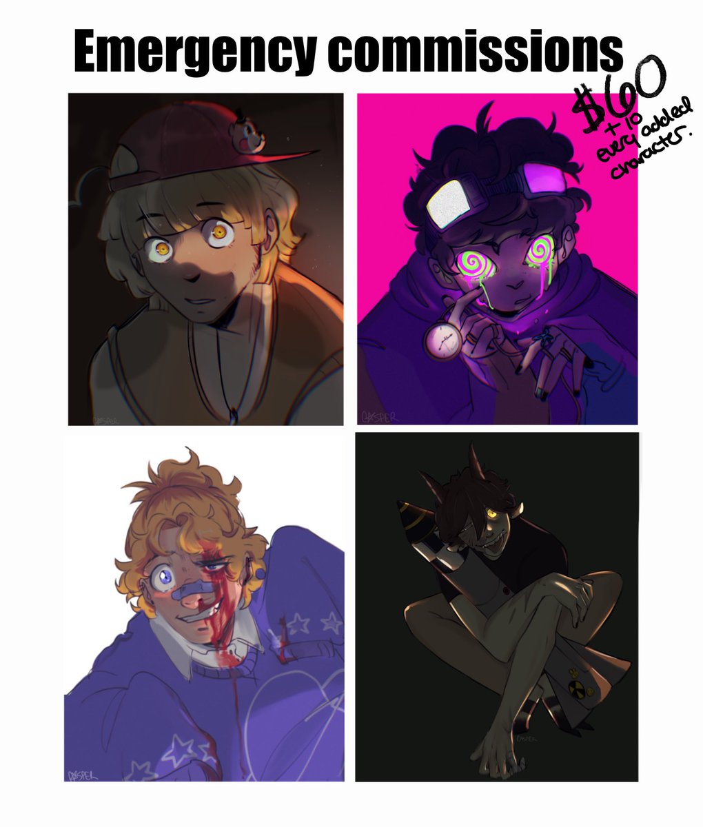 Casmyghost's tweet photo. // please Retweet// 
Emergency commissions! My dad has passed away today. And my family is struggling to be able to pay for his funeral. So every commission I get goes straight to helping my family. 
#Commissions #commissionopen #fanart https://t.co/ntCToAfo5E