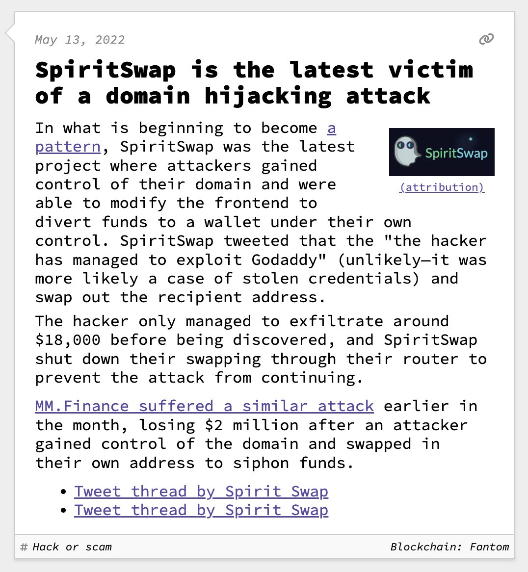 web3isgreat's tweet photo. SpiritSwap is the latest victim of a domain hijacking attack

May 13, 2022
https://t.co/d64fMM6lPg https://t.co/ylL8tRBziU