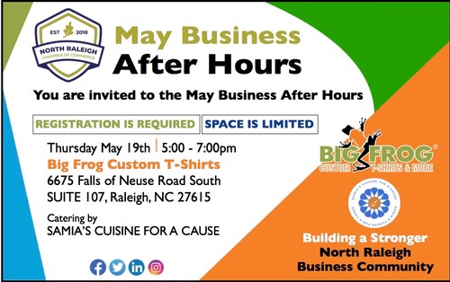 Join your fellow business owners for Business After Hours! 🤝

Thursday May 19th 
5:00 PM - 7:00 PM 

Location
Big Frog Raleigh 6675 Falls of Neuse Rd Suite 107

Refreshments from Samias Cuisine for a Cause

FREE Registration Required 

members.northraleighchamber.org/events/index/2…