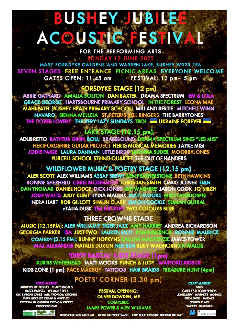 Hold the date!!
Bushey Jubilee Acoustic Festival, Sunday 12 June!
Over 80 artists on 7 stages, including a special performance from our Ukrainian friends.
See you there!!