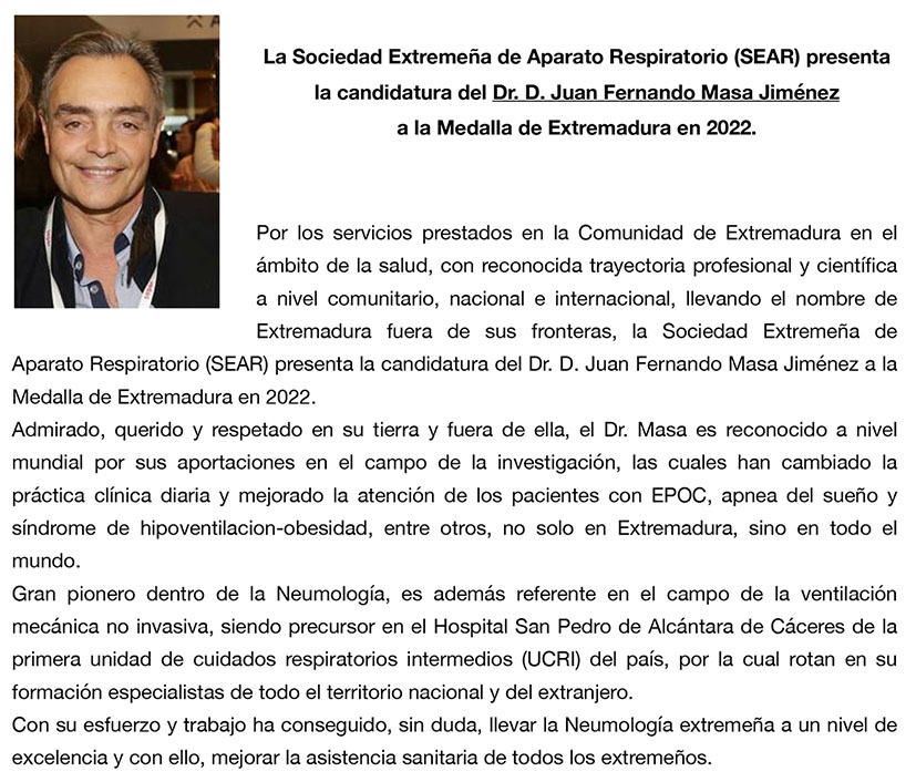 #medallaExtremadura2022 La Sociedad Extremeña del Aparato Respiratorio presenta la candidatura del Dr. J.Fernando Masa a la medalla de Extremadura 2022. Puedes apoyar la candidatura en forms.gle/ura3gqWPrXBauU…