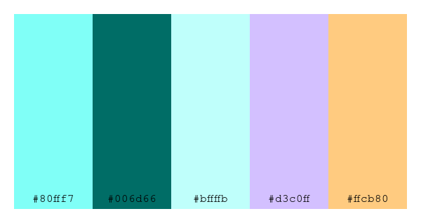 ColPaletteBot's tweet photo. Beep beep, here's a pretty color palette for you!
color-scheme.js parameters used:
- hue: 58
- variation: default
- colors: #80fff7, #006d66, #bffffb, #d3c0ff, #ffcb80
Have a lovely evening!
#twitterbot #colorpalette #colors #palette #prettycolors https://t.co/70O6tddD8u