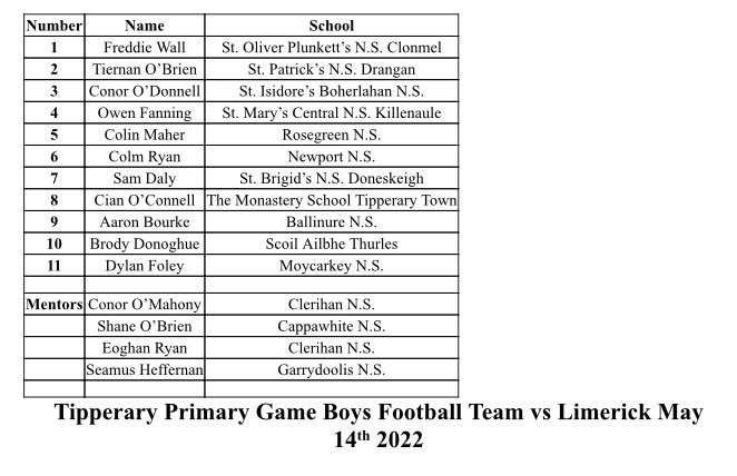ScoilAilbhe's tweet photo. Best wishes to Brody, who represents @ScoilAilbhe in the #primarygame in #SempleStadium tomorrow. We are so #proud to see him take to the pitch as part of the @TipperaryGAA primary game team. No doubt we’ll be be watching Brody play in the future, @DurlasOgGAA @thurlessars https://t.co/L44fWzmm6o