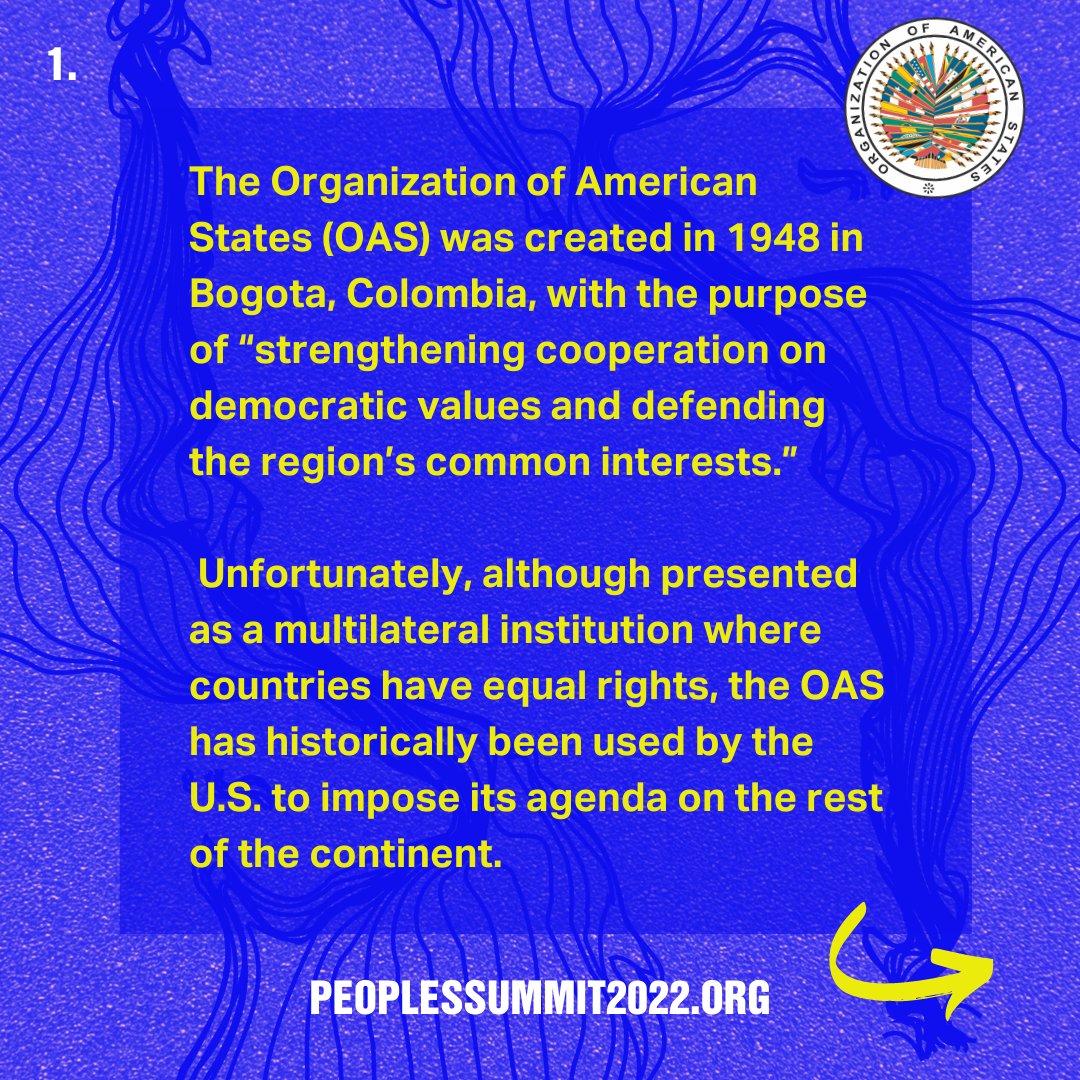 PeoplesSummit22's tweet image. The People’s Summit is a counter summit to the Summit of the Americas which is hosted by the Organization of American States (OAS).

But what is the OAS, and who do they represent? We put together this brief explainer.

Register for The People's Summit at the link in bio. (1/3)