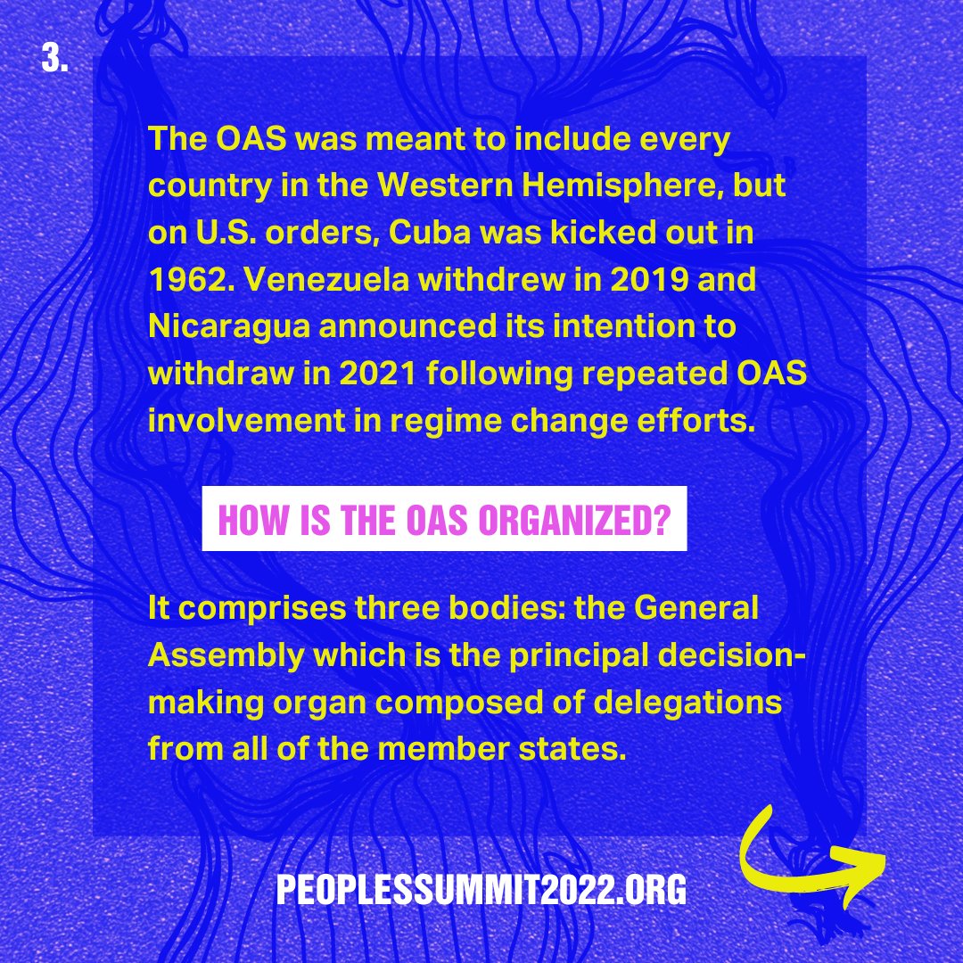 PeoplesSummit22's tweet image. The People’s Summit is a counter summit to the Summit of the Americas which is hosted by the Organization of American States (OAS).

But what is the OAS, and who do they represent? We put together this brief explainer.

Register for The People's Summit at the link in bio. (1/3)
