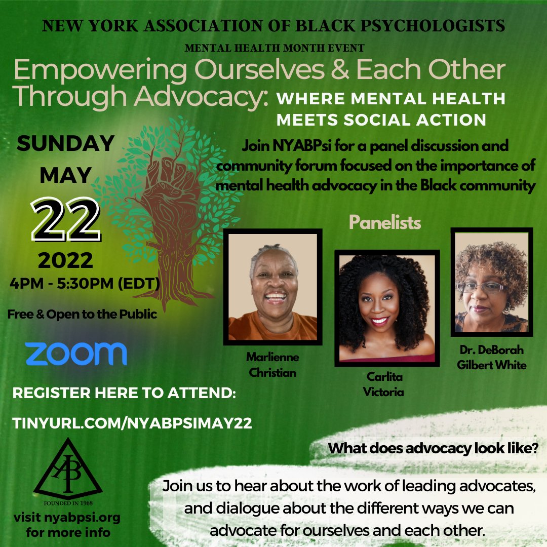 nyabpsi's tweet photo. May is Mental Health Awareness Month! Join NYABPsi for a panel discussion and community forum focused on the importance of advocacy in the Black community. Sun. May 22nd at 4pm EDT via Zoom. Registration required. 
https://t.co/l4YeJjKG3g
https://t.co/TeSxVFM7CB https://t.co/Ky04wYG4k8