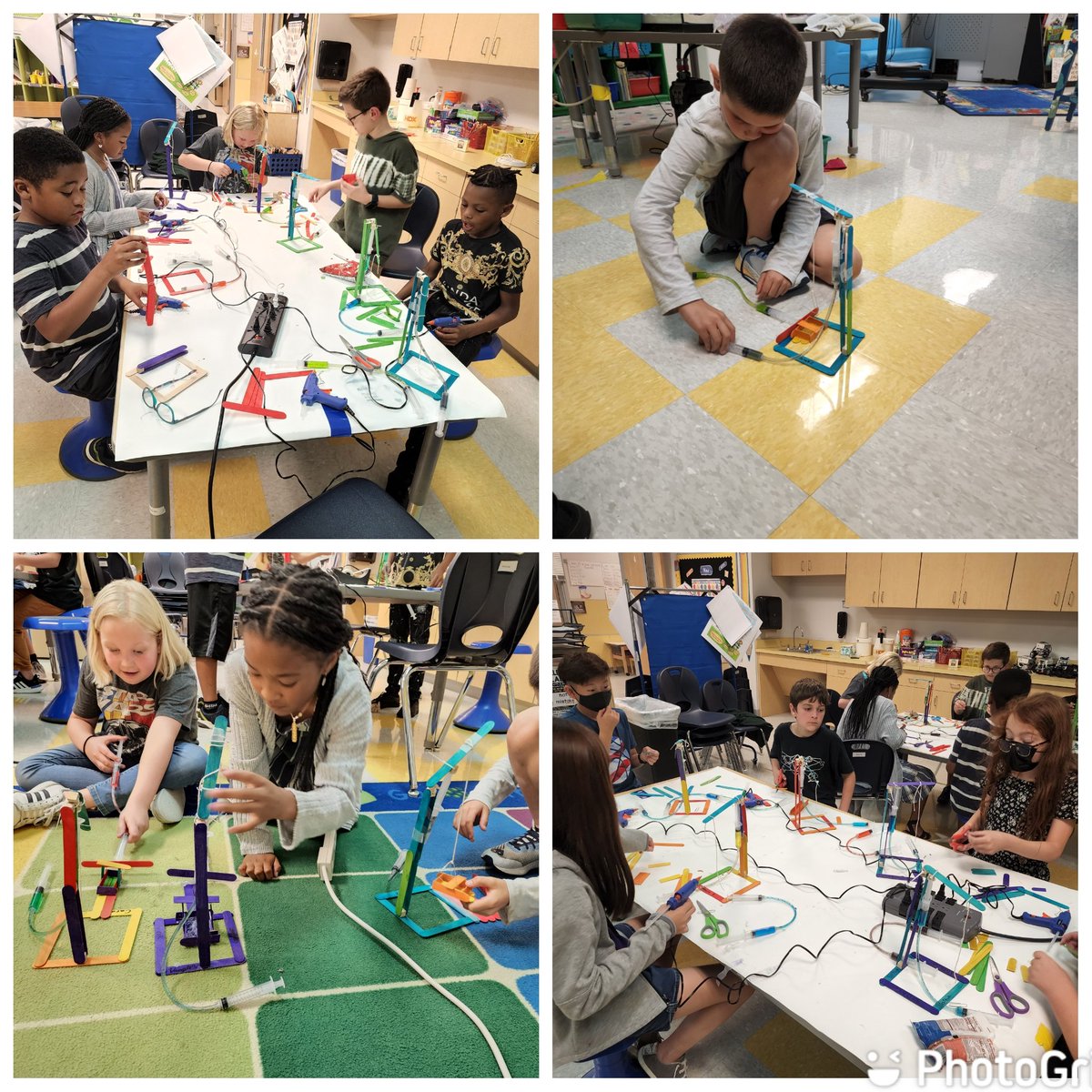 LauraAlbasini's tweet photo. The 4th grade STEM Club made hydraulic cranes. They had to push a carrier to the crane, then have the crane lift the load. https://t.co/RGINxKwdMV