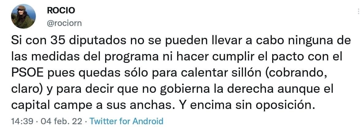 Unidas Podemos ha resultado ser la herramienta más efectiva del Régimen para consolidarlo, reventar el movimiento feminista, dividir y desprestigiar a la izquierda y contener la movilización popular. Hay que reconocer que la jugada les ha salido perfecta.
Todo atado y bien atado.