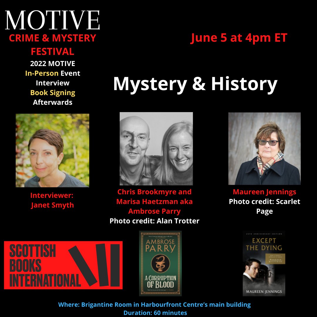 #SaveTheDate #interview <a href="/festofauthors/">Toronto International Festival of Authors (TIFA)</a> #Toronto 

@janet_smyth <a href="/cbrookmyre/">Chris Brookmyre</a> <a href="/ambroseparry/">Ambrose Parry</a> <a href="/Maureen_Iden/">Maureen_Jennings</a> <a href="/ScotBooksInt/">Scottish Books International</a> 

-> festivalofauthors.ca/event/mystery-… | <a href="/crimewriterscan/">Crime Writers Canada</a> <a href="/histnovsoc/">Historical Novel Society</a> <a href="/funlovinwriters/">FunLovinCrimeWriters</a> <a href="/HNS_NA/">HNS North America</a> <a href="/ILFDublin/">International Literature Festival Dublin</a> #mystery #History <a href="/canongatebooks/">Canongate (has left)</a> <a href="/McClellandBooks/">McClelland & Stewart</a> @alantrotter