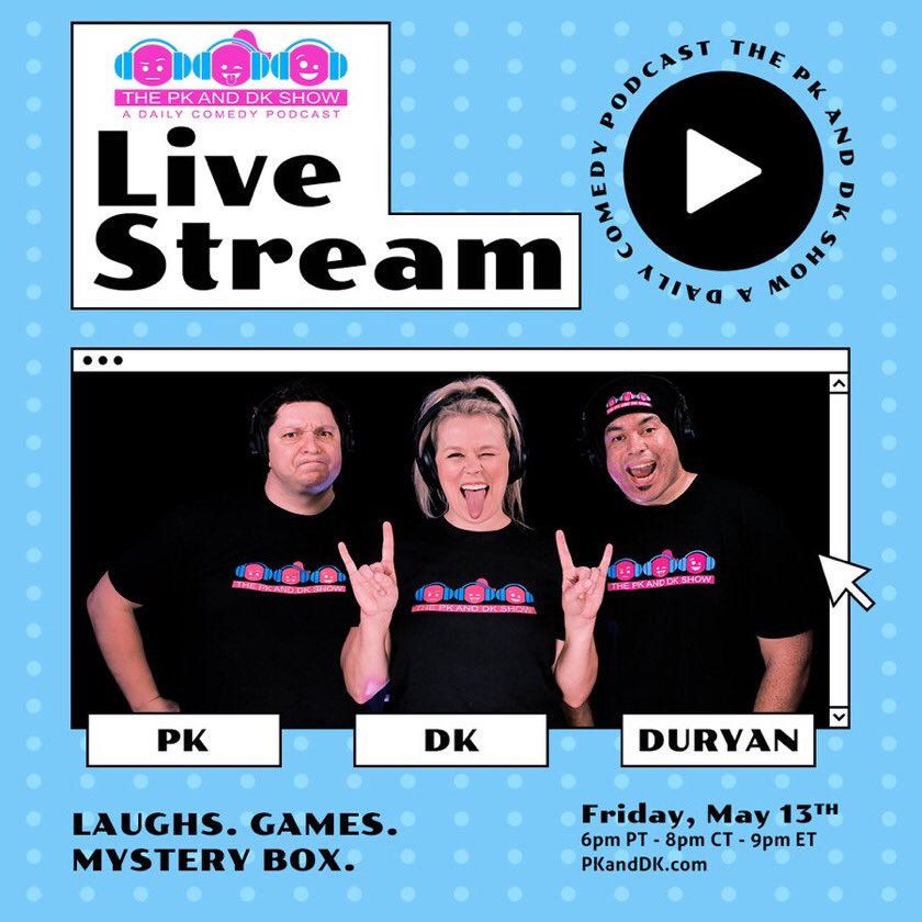 Less than ONE hour away until our 3rd PK and DK Show LIVE! 

Playhouse clips, mystery box + more fun surprises!

Join us live at 9e/8c/6p at PKandDK.com

#pkanddk #daily #comedy #podcast
