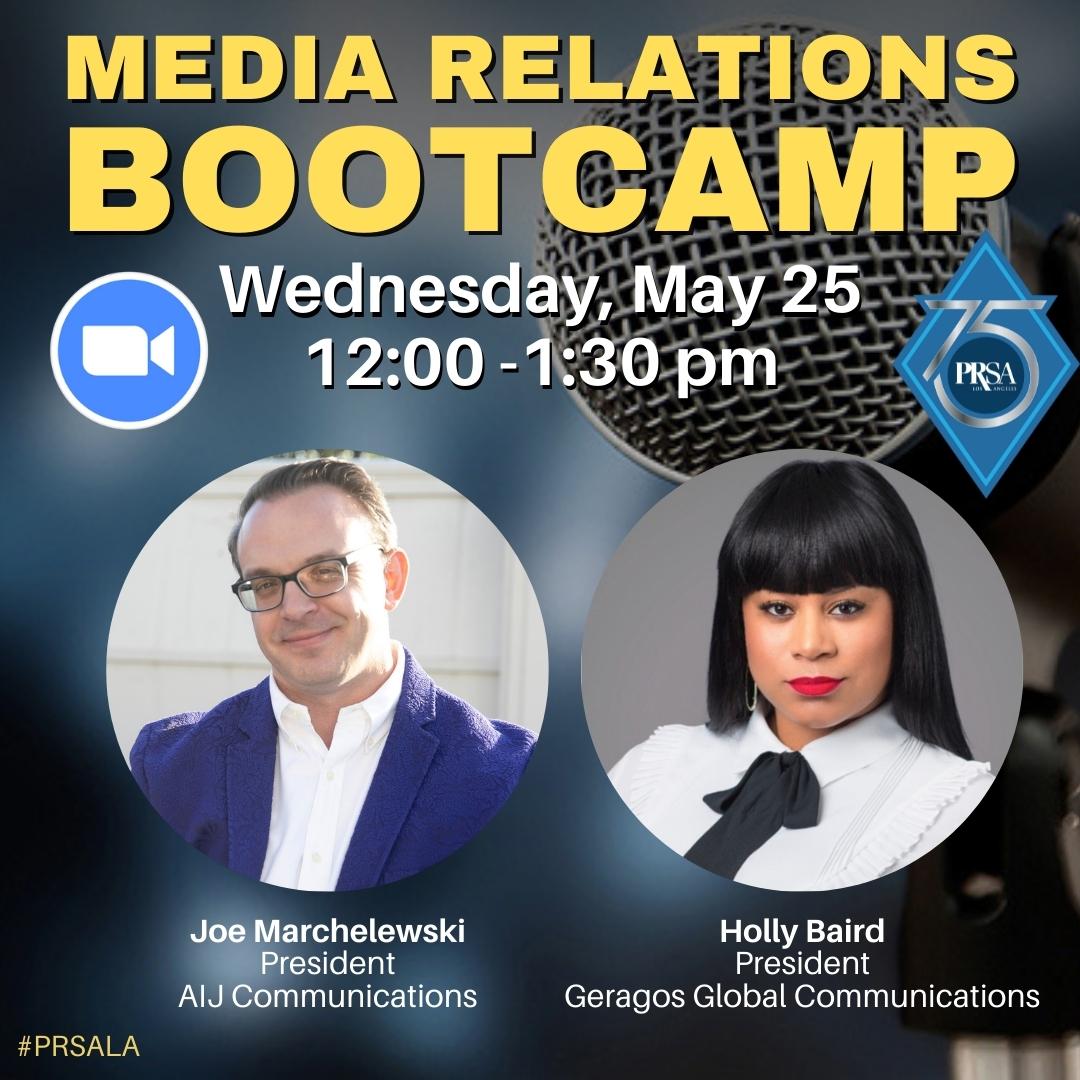 PRSALA's tweet photo. Wed, May 25, 12-1:30 pm PT is #PRSALA #MediaRelations #Bootcamp 
Join seasoned media professionals, Joe Marchelewski, AIJ Comms &amp; Holly Baird, Geragos Global Comms for a 90-min intensive Media Relations training program!
Via Zoom.  https://t.co/dXp4X49u2V https://t.co/aml0QeJfJK