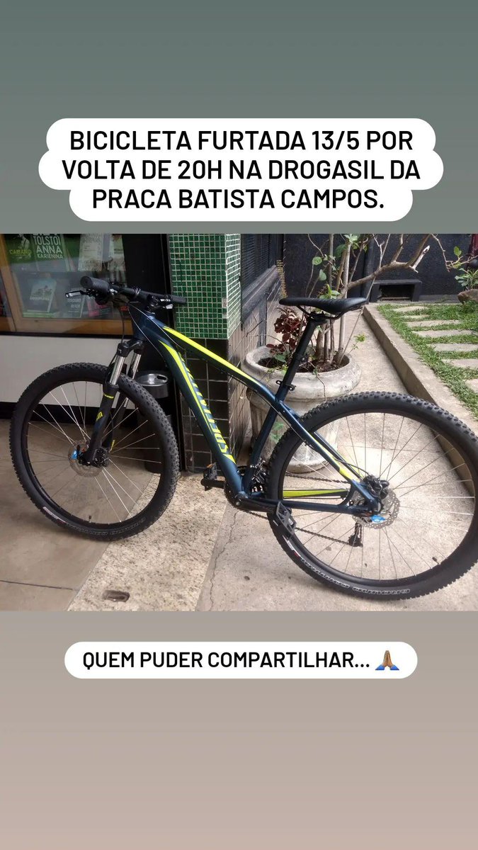 Furtaram minha bicicleta 13/5, por volta de 20h, na Drogasil da praça Batista Campos. Quem puder compartilhar. Agradeço. É meu meio de transporte.