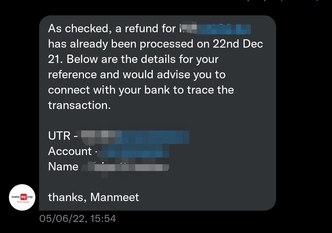 JiggsMUFC's tweet photo. Follwin up my 2yr old covid times refund claim frm @makemytrip @makemytripcare der twitter team says refund was initiated in 2021 bt #funnyfact is account details had only been entered in 2022. To add to it MMT team emails me acknowledging dey r workin on the refund. #doglapan https://t.co/6uDhxmpim6