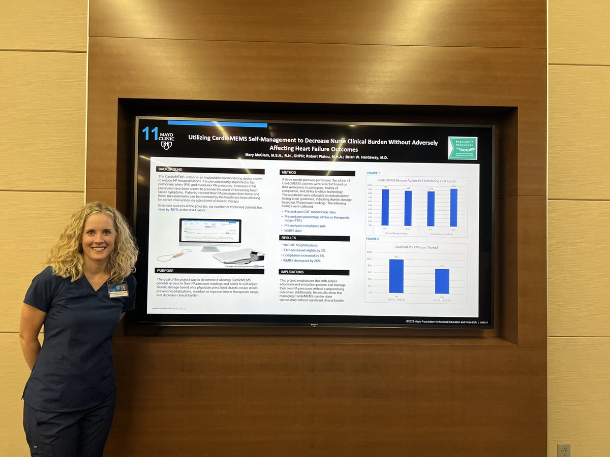 So proud of our HF nurse Mary McClain, who presented at our Mayo Clinic Nursing Excellence Festival on a patient-guided protocol for CardioMEMS management! <a href="/MayoClinic/">Mayo Clinic</a> #BestOfNursing #makingusproud