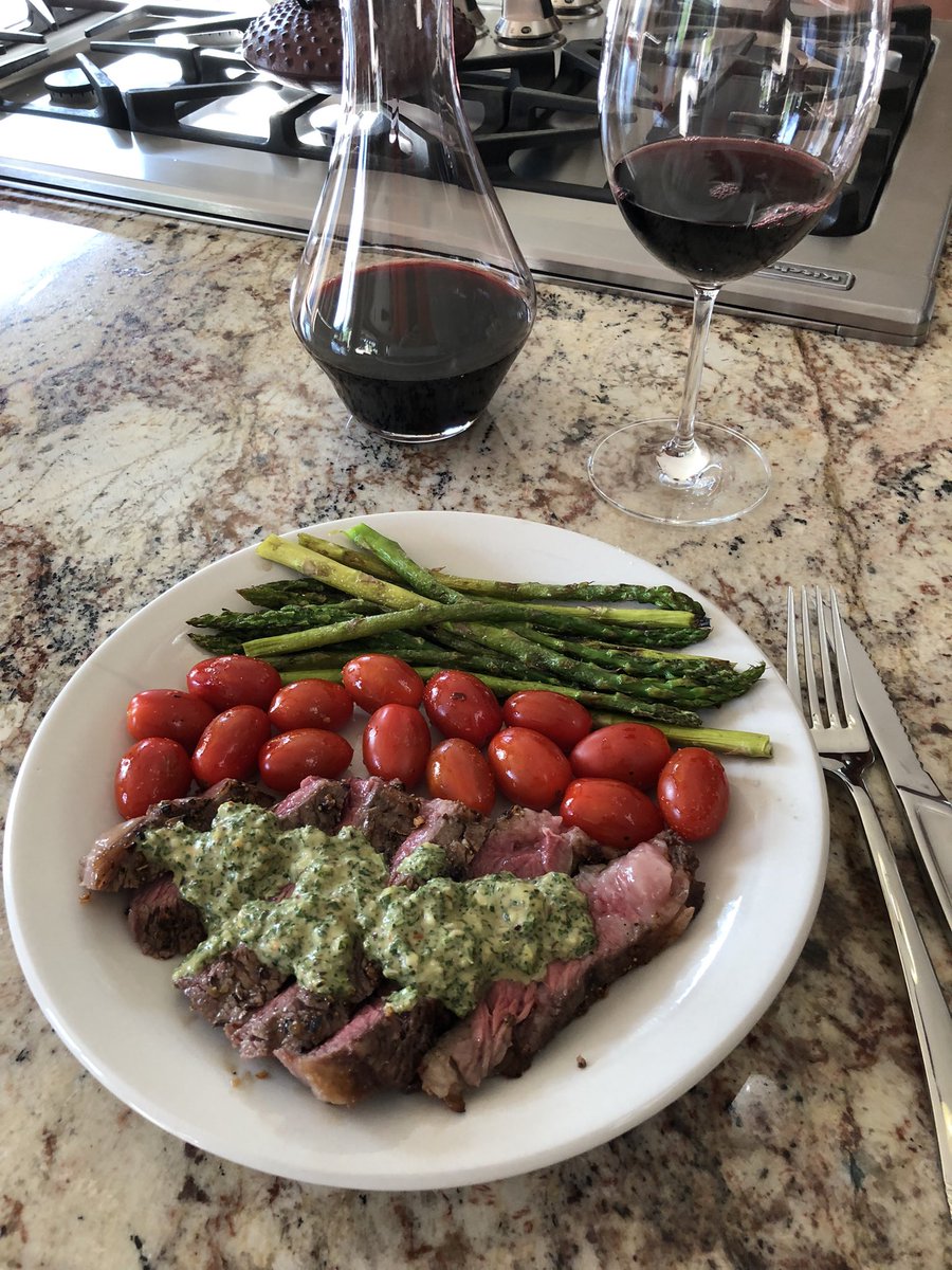 All alone tonight. Rib steak, baby tomatoes, asparagus and a chimichurra paired with a <a href="/Bottega_Wines/">Bottega Wines™</a> Merlot.