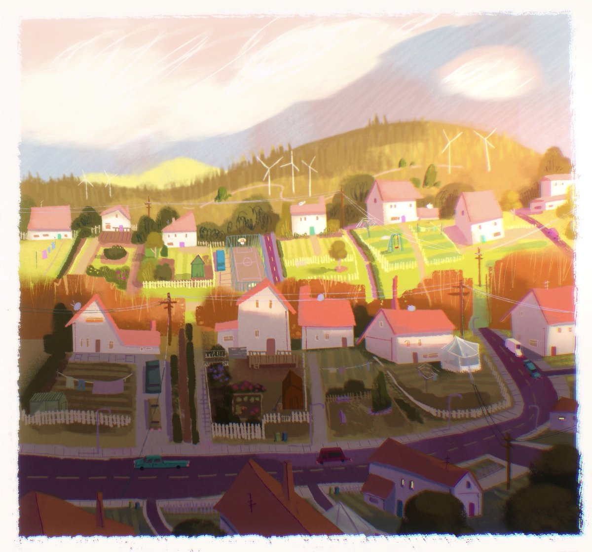 I see this really pretty view inbetween the trees on my walk that looks over onto back yards. Inspired a drawing :)
#painting #sketch