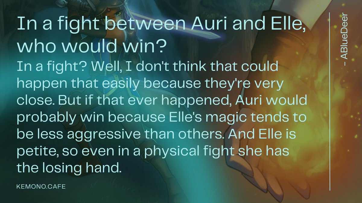CafeKemono's tweet photo. Alex:  The Interviews on the Kemono Cafe may be delayed.
Alex:  Let's fix that with an interview question from @ABD_artist!

In a fight between Auri and Elle, who would win?
The response may surprise you.

#PleaseRT #KemonoCafe #KCInterview https://t.co/ZjItg5bpNS