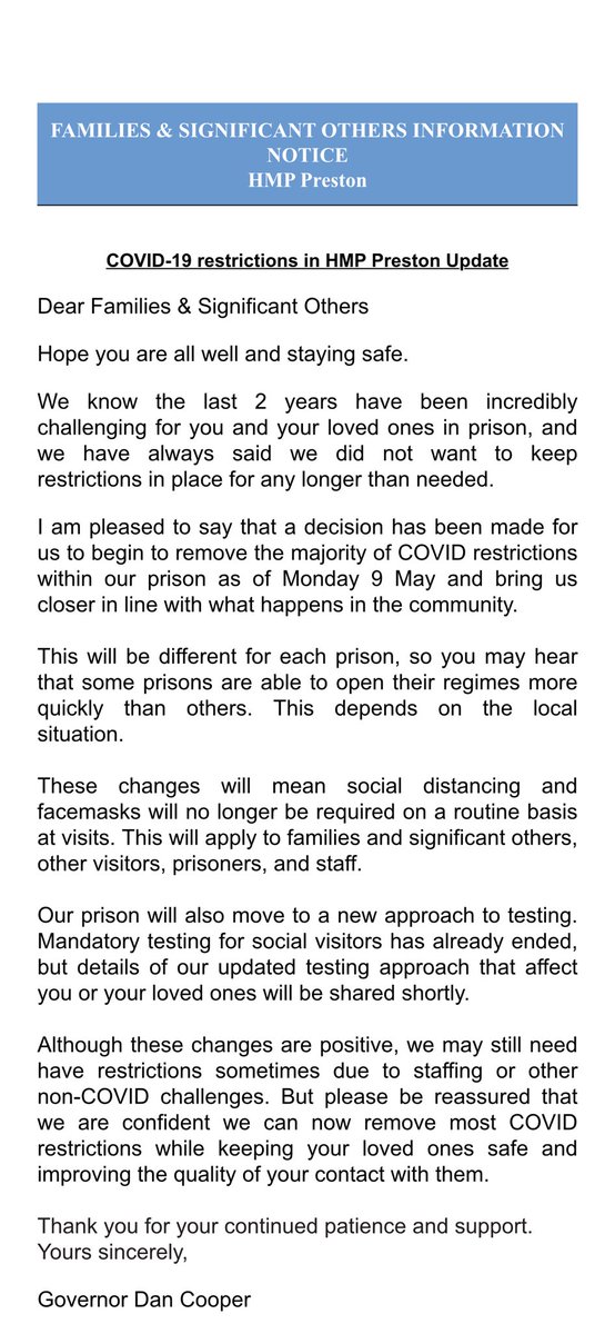 Update on COVID19 restrictions @POPSFamilies @HMPPS_Families
