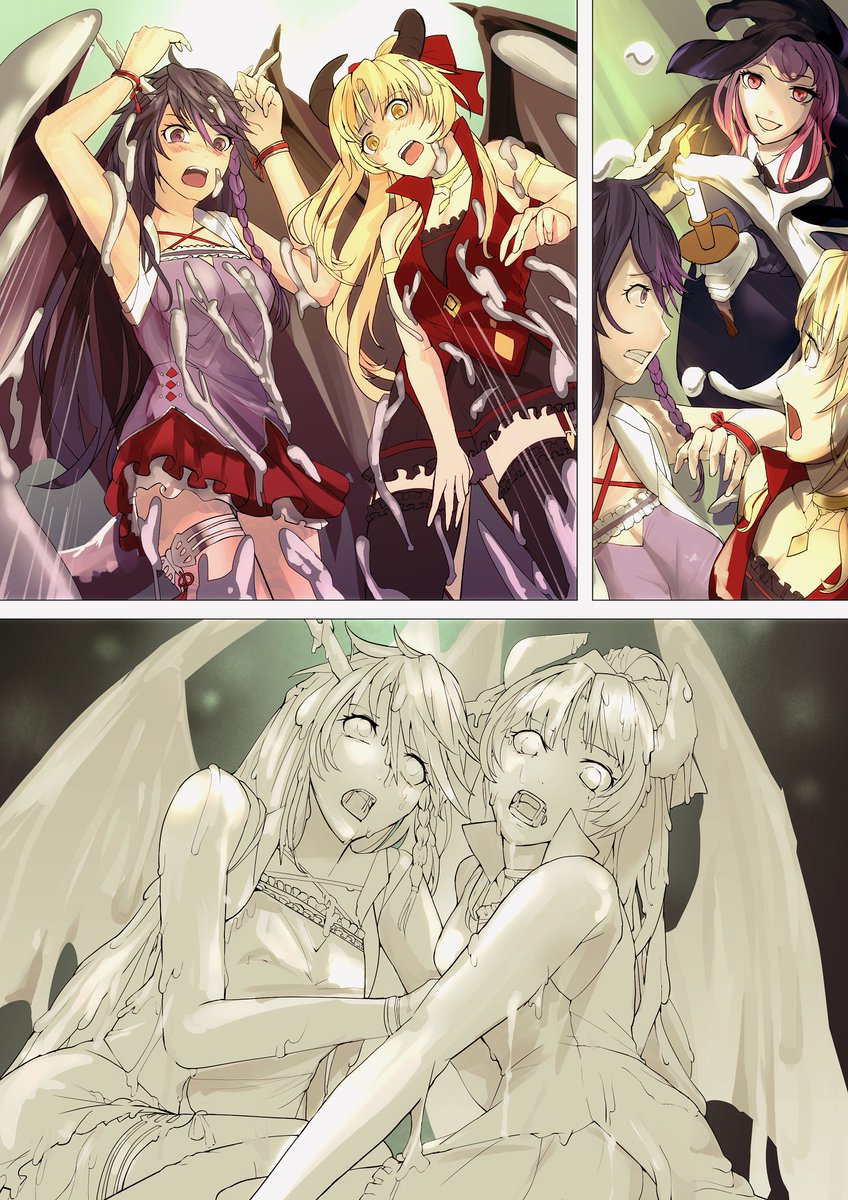 魔法の蝋を操る魔女に蝋のオブジェ作りのモデルにされたティレイラとフィレナの二人が魔法の蝋で覆われて蝋のオブジェにされてしまった雰囲気を描いて頂きました
skeb.jp/@centu_7u