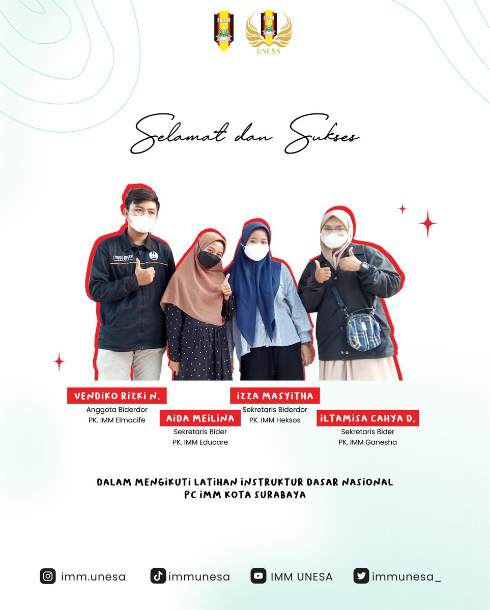 immunesa_'s tweet photo. Selamat dan Sukses kepada Immawan Vendiko, Immawati Aida, Izza, dan Iltamisa dalam mengikuti Latihan Instruktur Dasar Nasional PC IMM Kota Surabaya. Semoga diberikan kelancaran serta ilmu dan pengalaman yang didapat selalu memberikan manfaat.
#IMMJaya #IMMUnesa #FaskhoIMM https://t.co/LYwxnMbdJL