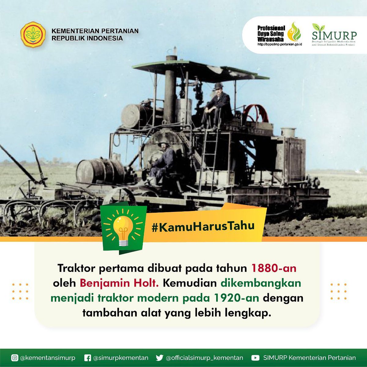 kementansimurp's tweet photo. #KawanSimurp, beberapa fakta menarik di dunia pertanian adalah pada tahun 1880-an, traktor ditemukan. Tujuannya untuk membantu petani menarik bajak melalui ladang.
#simurpkementan #bertanimodern #faktapertanian https://t.co/IVwTKHCOvZ