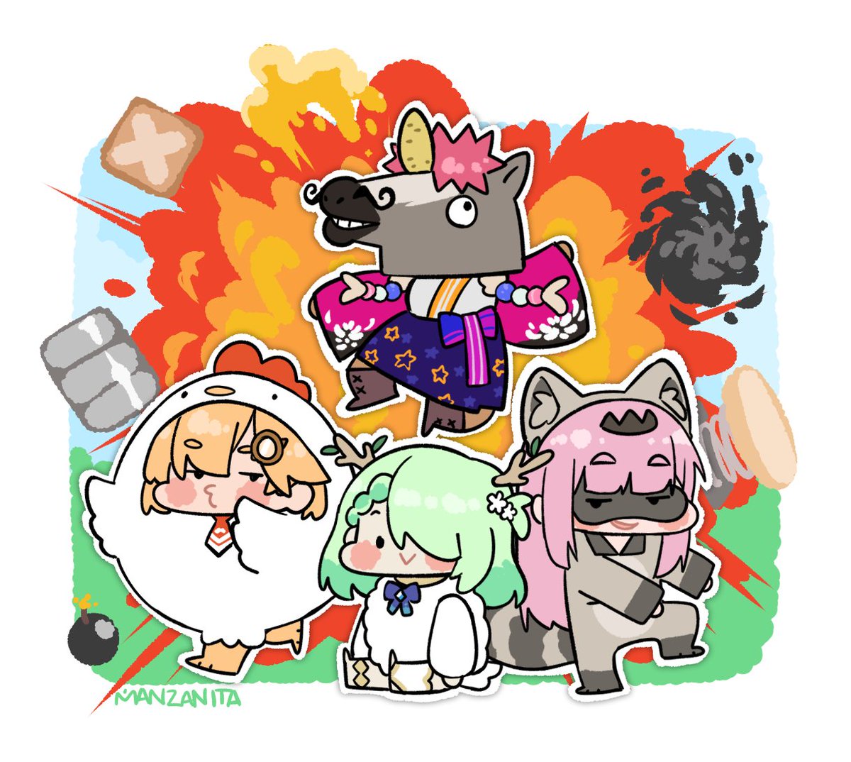 セレス・ファウナ ,ワトソン・アメリア 「🐓🐴🦝🐑
#ameliaRT #FineFaunart #callill」|Cristina Manzanita 🦝🐔 🚨WORKING, THANK YOU!🚨のイラスト