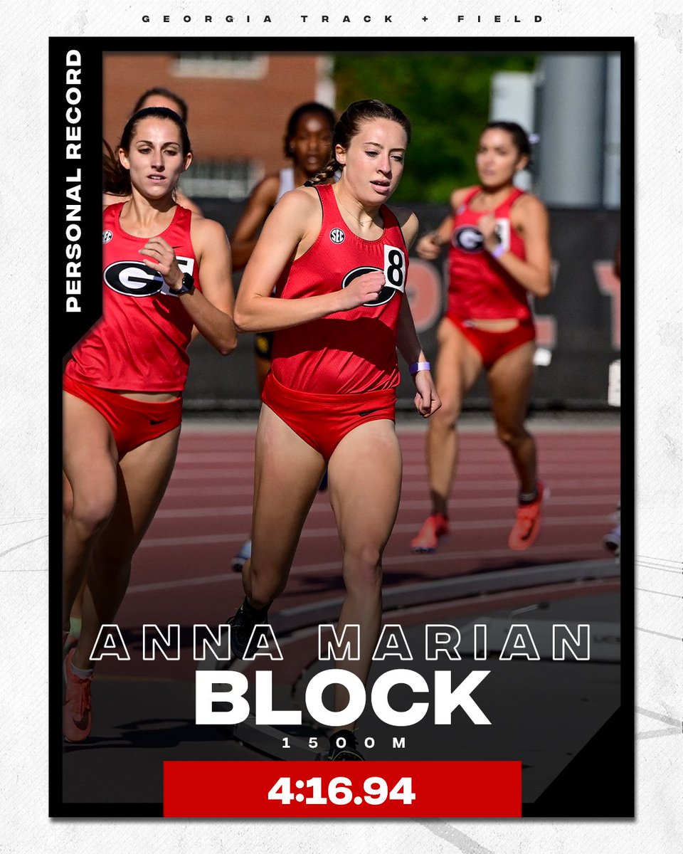 UGATrack's tweet photo. On her graduation day, Anna Marian Block ran a brilliant 1500m prelims to qualify for the final with a personal best 4:16.94, which ranks 4⃣ in #Dawgs history &amp; best for program since '13.

#GoDawgs | #SECTF https://t.co/yHyTt2DQ0v