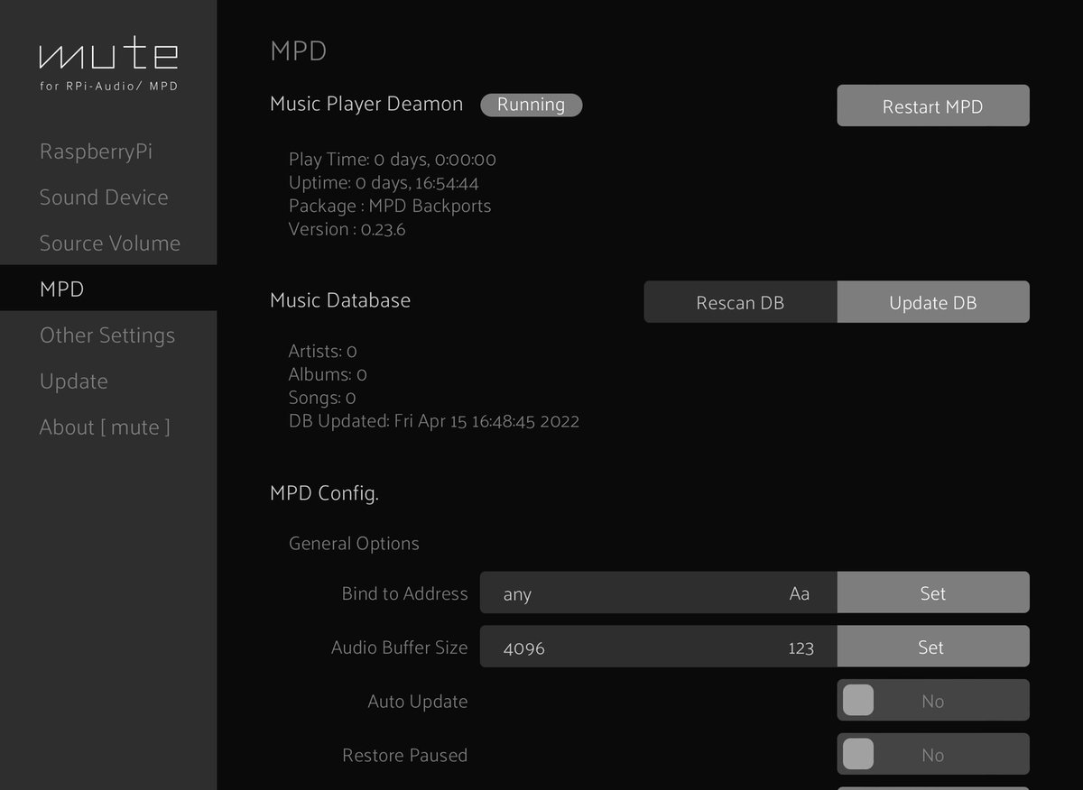 ktmr_y's tweet photo. RaspberryPi で「素のMPDサーバー」を構築できるプログラム [ mute ] beta版をリリースしました。yaMPC (@mpc_ya) などのMPDクライアントとの組合せ前提の、「設定操作UIしか持たない」シンプルな #ラズパイオーディオ プレーヤーを自作できます。
#ラズパイ #RaspberryPi
https://t.co/U9lw7qtXFV https://t.co/Tmx4jPZEtq