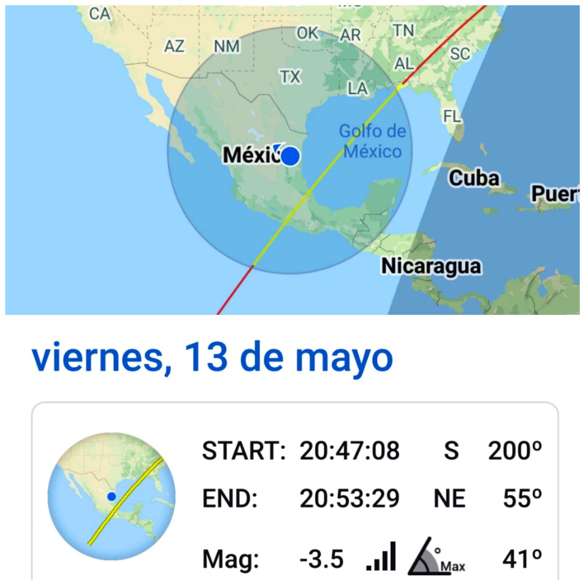 InfoMeteoro's tweet photo. 🛰La Estación Espacial Internacional será visible esta noche entre las 8:46 y 8:53 pm en estados del norte, occidente, centro, oriente y sureste de México.

✨Se observa como un punto luminoso desplazándose relativamente rápido en dirección suroeste a noreste↗️ https://t.co/Xit2WInNGA