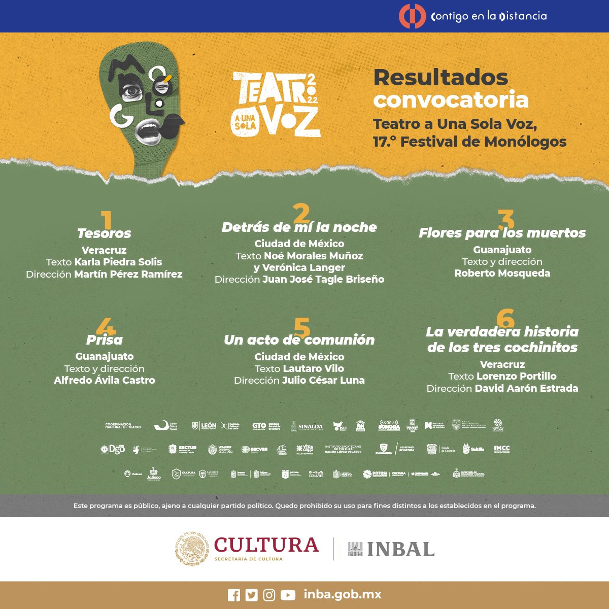 teatroa1solavoz's tweet photo. Anunciamos los proyectos que formarán parte de #TeatroAUnaSolaVoz, 17° Festival de Monólogos.

Catorce proyectos seleccionados girarán en dos circuitos.

¡Aplausos de pie a quienes formarán parte de esta edición!

https://t.co/E4M5H2m3IZ https://t.co/i312MbsuRs