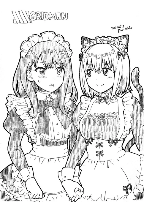 メイドの日だって聞いたので、お着換えして遊ぶ二人です。こういうのは照れがある六花ちゃんとノリノリのアカネちゃん
#SSSS_GRIDMAN #グリッドマン #アナログイラスト #鉛筆画 #メイドの日 #メイドの日2022 