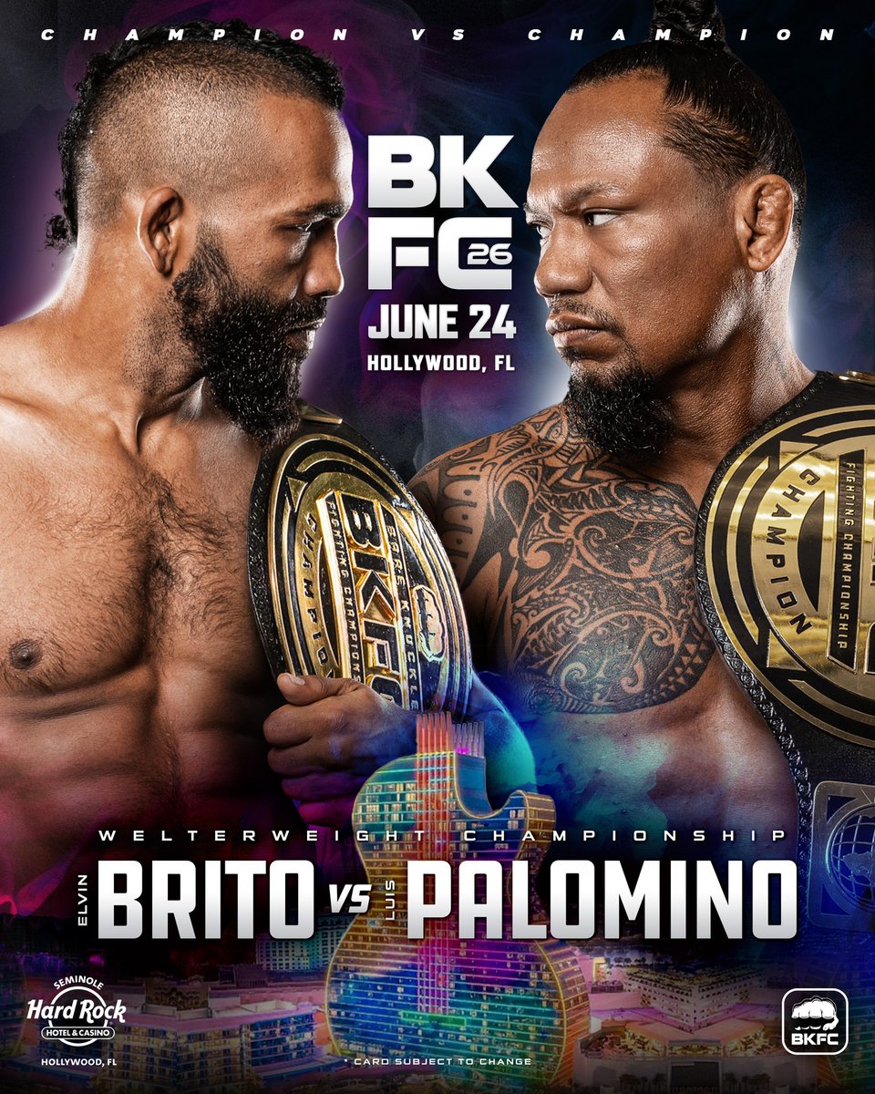 bareknucklefc's tweet photo. Rematch szn.

Elvin Brito vs Luis Palomino will face  for the 165lb strap June 24 in Hollywood, Florida!

[ #BKFC26 | June 24 | Tix + Watch ➡️ https://t.co/LJX5urGkRW ] https://t.co/9eoVuQCbaf