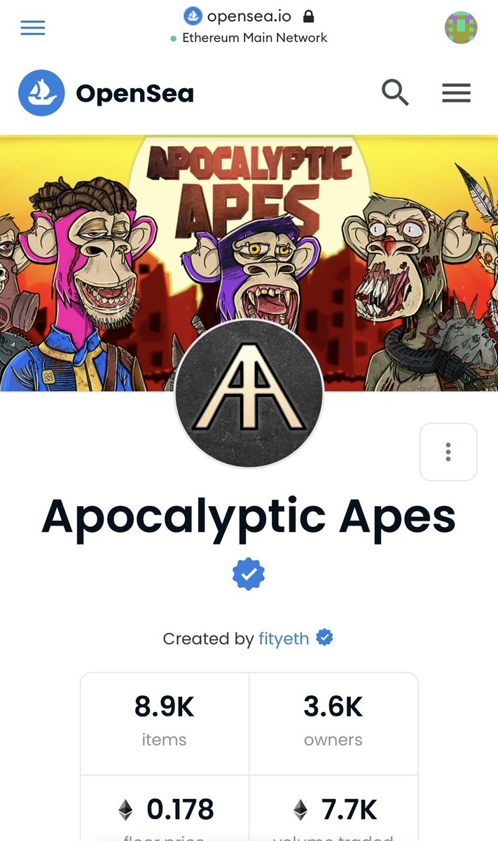 Dear <a href="/opensea/">OpenSea</a>,

Thank you for blue check verifying the <a href="/apocalypticapes/">Apocalyptic Apes | 🦍</a> #NFT. The #ApocalypticApes founder <a href="/Fityeth/">fity.eth</a>, artist <a href="/TheHaddy/">HaddyTheCreator</a> &amp; entire #AApes community has worked very hard to build something special in Web 3.❤️🦍
@creationnft_eth @DrewskiiiNFT <a href="/DJWienerNFT/">DJ Wiener</a> <a href="/unKn0wnwallet/">Unknown</a>