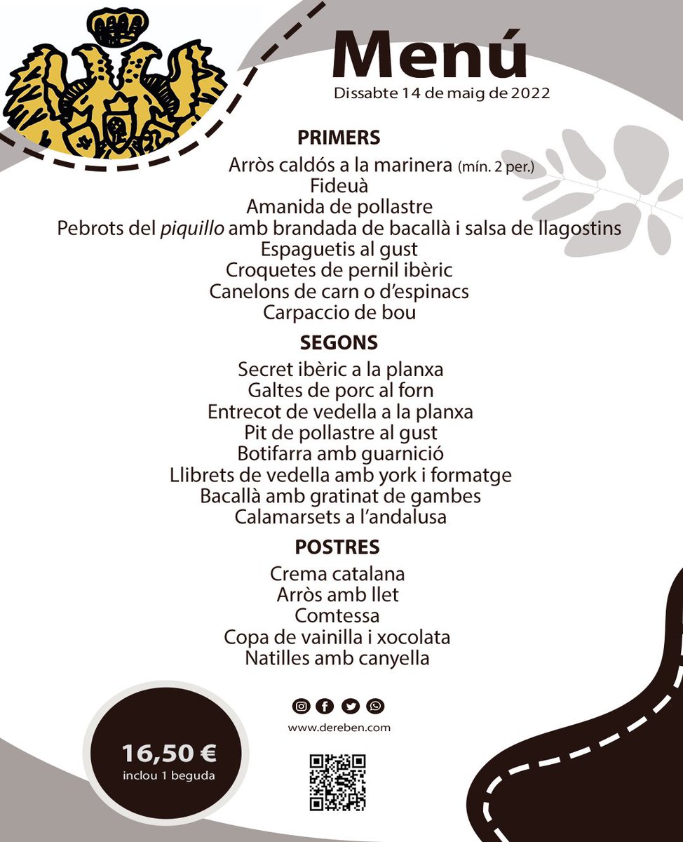 dereben's tweet photo. 🍽 MENÚ DISSABTE (14/05/2022)
Reserves:
☎️ 937754960
WhatsApp: 658836715
#cuinempertu👩‍🍳 https://t.co/aWax1zuK7Q
