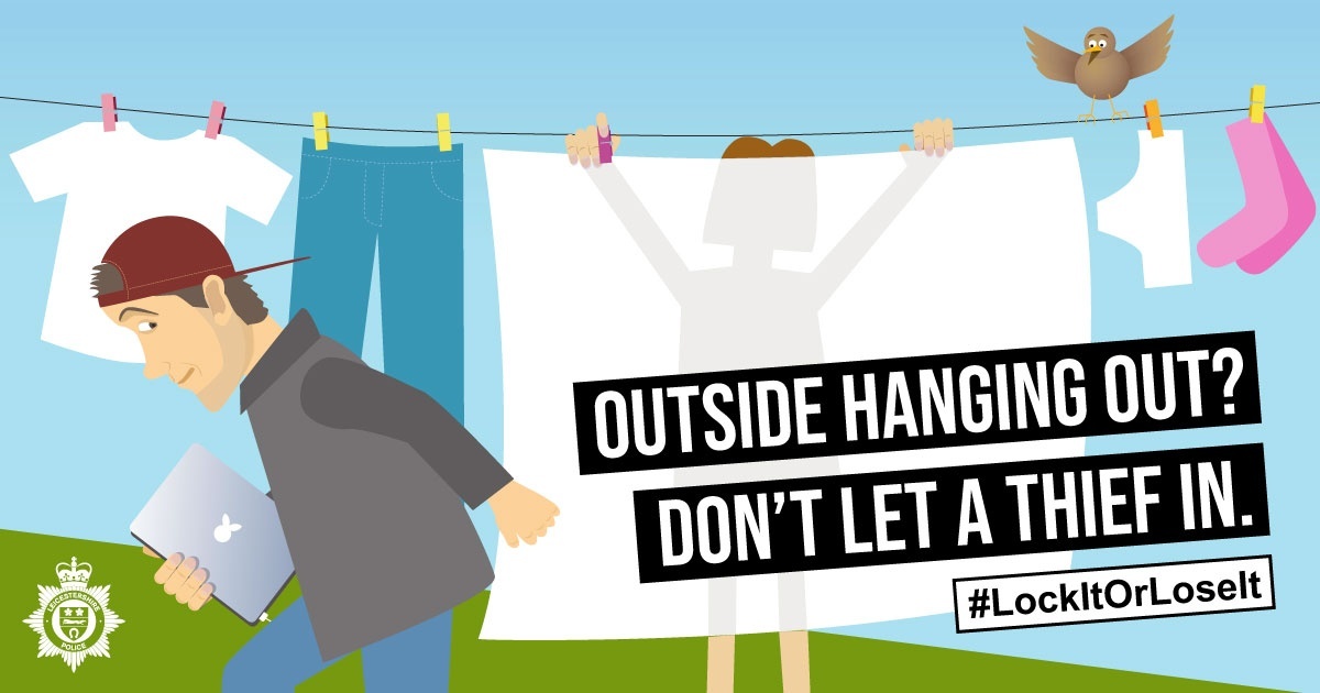 An image of someone hanging out their washing while a burglar steals a laptop. 