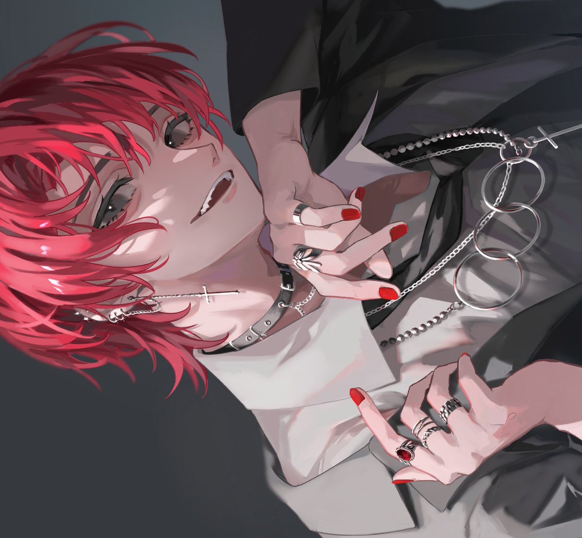 jewelry solo 1boy male focus red hair ring red nails  illustration images