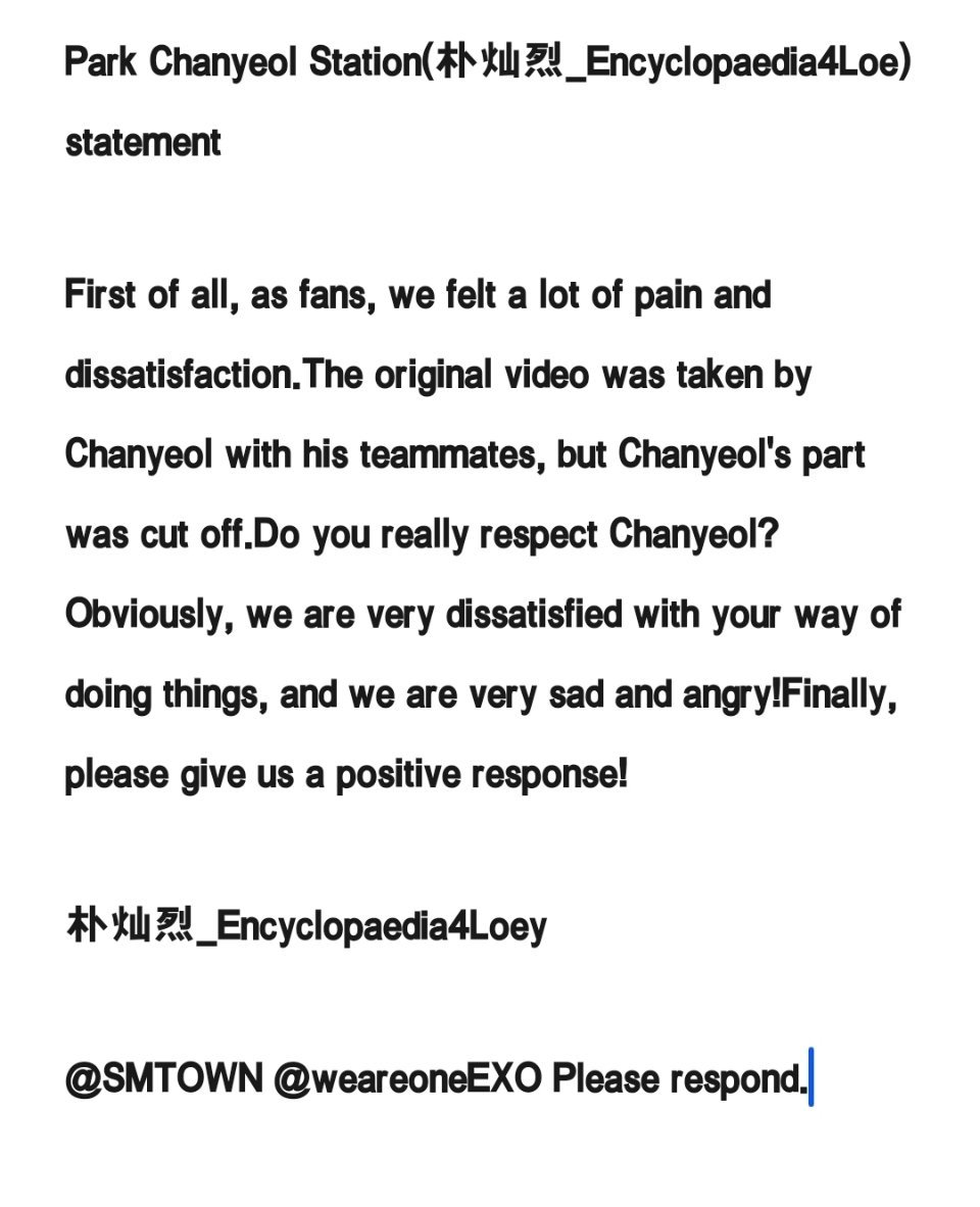 AIREALPCYY's tweet photo. There were another member and chanyeol in the video , but chanyeol ' s part was edited out . Please give us a reasonable explanation . Fans just want to know why chanyeol is treated like this. 👿@SMTOWNGLOBAL @weareoneEXO #CHANYEOL #찬열 #朴灿烈 https://t.co/JeXxfsF58K