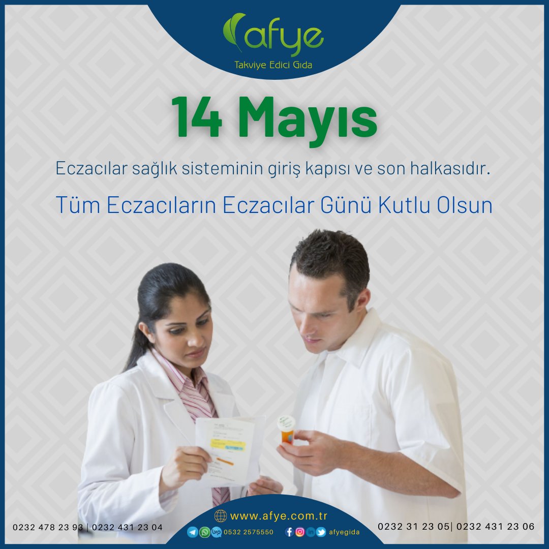 afyegida's tweet photo. Eczacılar sağlık sisteminin giriş kapısı ve son halkasıdır. Tüm eczacıların Eczacılar Günü Kutlu Olsun.
Afiyet ve Sağlıkla
#afye  #bitkiselürünler #bitkiselgıdatakviyeleri #gıdatakviyeleri #bitkiselgıdatakviyeleri #EczacılarGünü #EczacılıkGünü #eczacınadanış #14MayısEczacılıkGünü https://t.co/Yx4u9SVM0Z