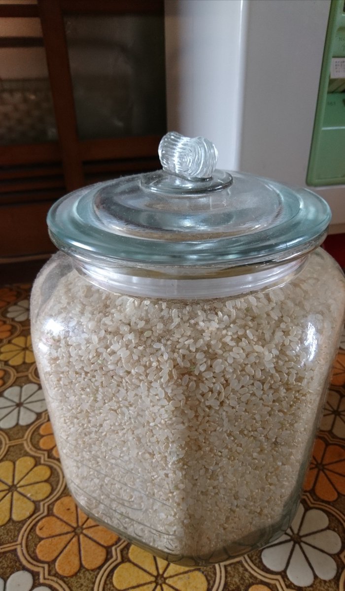 FarmSeko's tweet photo. 暖かくなると米に虫がわくので早めに避難。米びつに入れていた約30kg米は、この完全密閉のガラス容器と冷蔵庫へ。
嫁に来て2年の試行錯誤の末辿り着いた絶対安心の方法😁

#米の防虫 #農家嫁 https://t.co/gQ9siXV80p