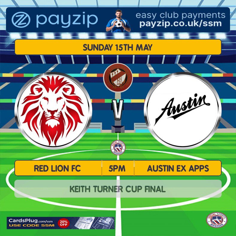 🔴🦁⚫️ Next Up ⚫️🦁🔴

Cup final 2/3 this Sunday, and the challenge doesn’t get much bigger for the boys.

Come on down to @RedditchClub and give us a roar! 🦁

🆚 <a href="/AustinExFC/">Austin Ex Apprentices FC</a> 
📅 15th May
⏰ 5pm
🏆 Keith Turner Cup Final
🏟 Redditch Borough FC

<a href="/Randswcl/">Redditch & SW League</a>