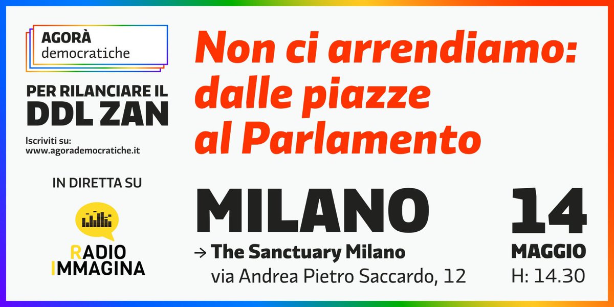 Oggi dalle 14:30, Scalo Lambrate, Milano.

bit.ly/milanoagoraddl…
@agora_dem 

#nonciarrendiamo
#DDLZan