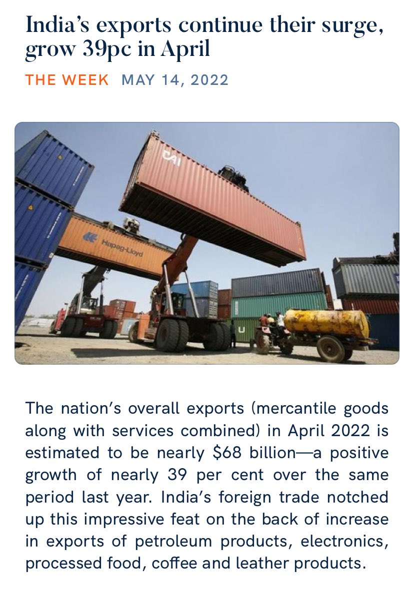 VimalSana9's tweet photo. India’s exports continue their surge, grow 39pc in April..!!
#GoodGovernance
#AccountableGovernment
https://t.co/piljdfwixp https://t.co/0QrmrKwZD0