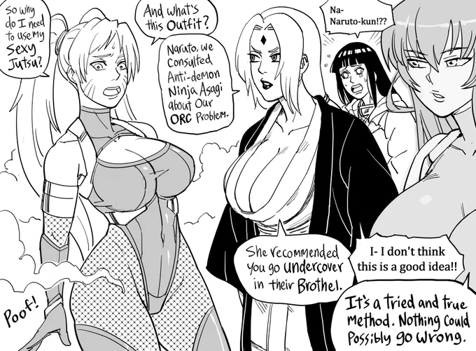 Patreon request: Naruto and Taimanin Asagi crossover.

My new innovation is the "Instant Loss 1 Koma", where the second panel is implied due to the reader's assumed familiarity with the genre, thus saving the artist time and allowing the image to remain safe for work. 