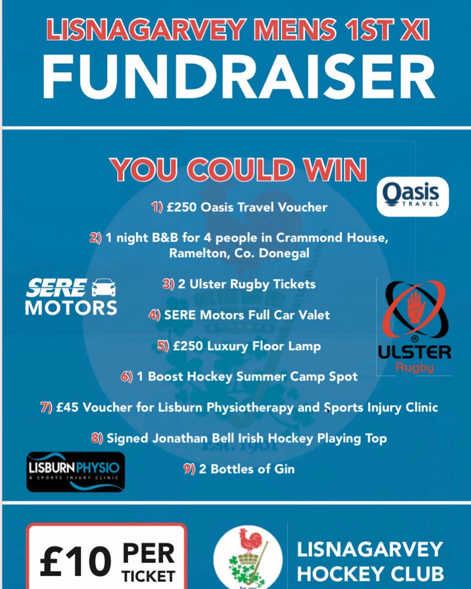 Some great prizes on offer as <a href="/lisnagarveyhc/">Blue News</a> fundraise for their <a href="/eurohockeyorg/">EuroHockey</a> trip to Denmark in early June.

Get your tickets here: tickettailor.com/events/lisnaga…