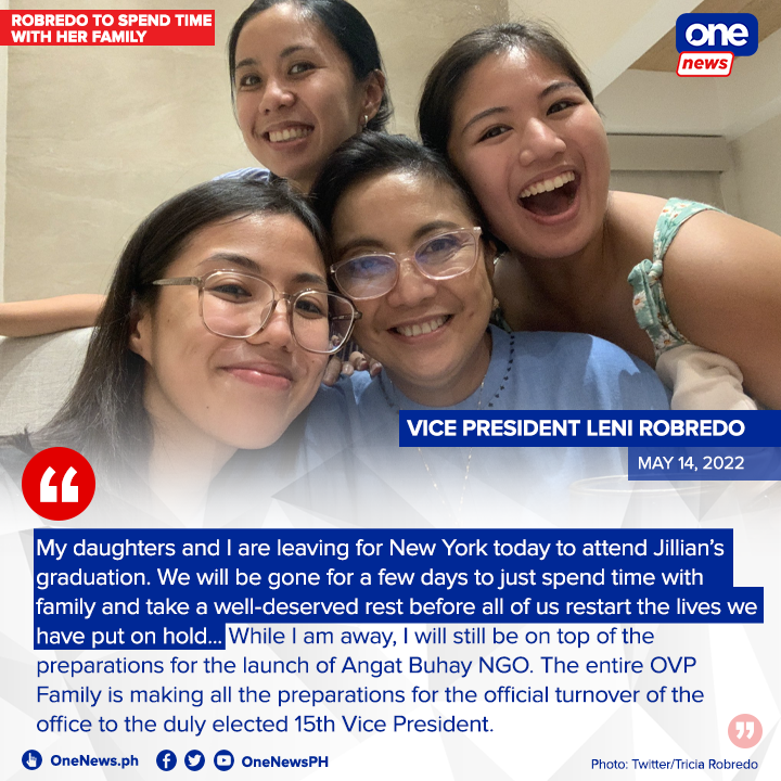 onenewsph's tweet photo. Vice President Leni Robredo announces she will be leaving for New York with her daughters to attend Jillian's graduation at the New York University and spend time with them.

FULL POST: https://t.co/G5HIrdCcOA https://t.co/5hGaZQwnW5