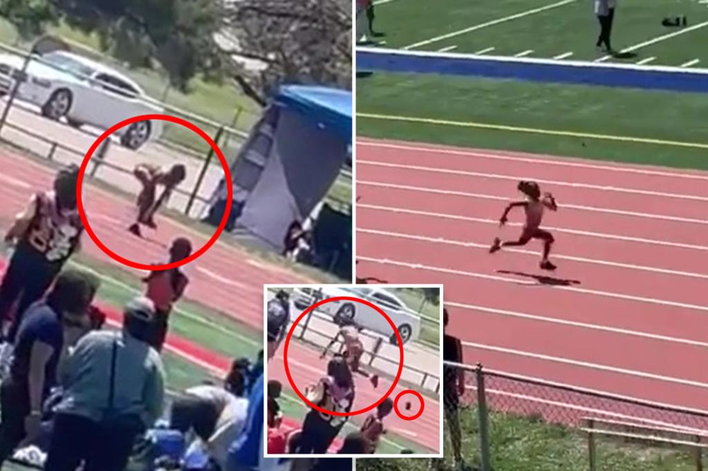 nypost's tweet photo. Little girl stuns by winning race — after running back for lost shoe in epic video https://t.co/anmRTd3TD3 https://t.co/z8TbAhLGjV