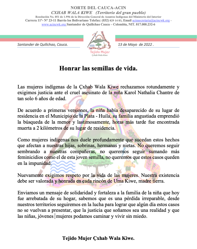 MujerTejido's tweet photo. Pronunciamiento oficial del Tejido Mujer de la @ACIN_Cauca ante el #Asesinato  de una #niña en la Plata, #Hulia.🚨🚨 https://t.co/lDBfBSRDWU